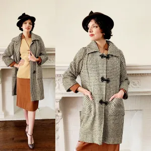 60s Houndstooth Coat Black & White Checked Print A Line by Chas A Stevens M