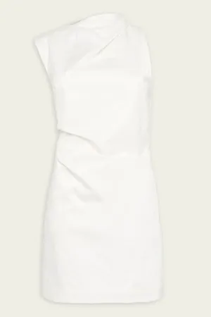 Asymmetric Tuck Mini Dress in White