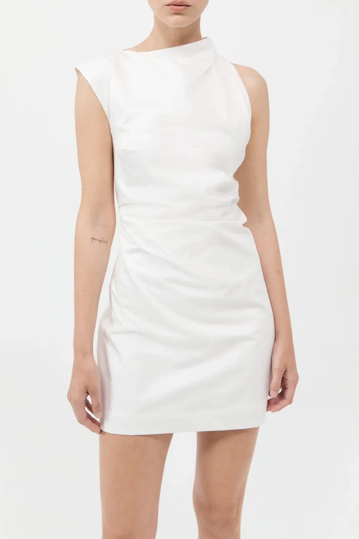 Asymmetric Tuck Mini Dress in White