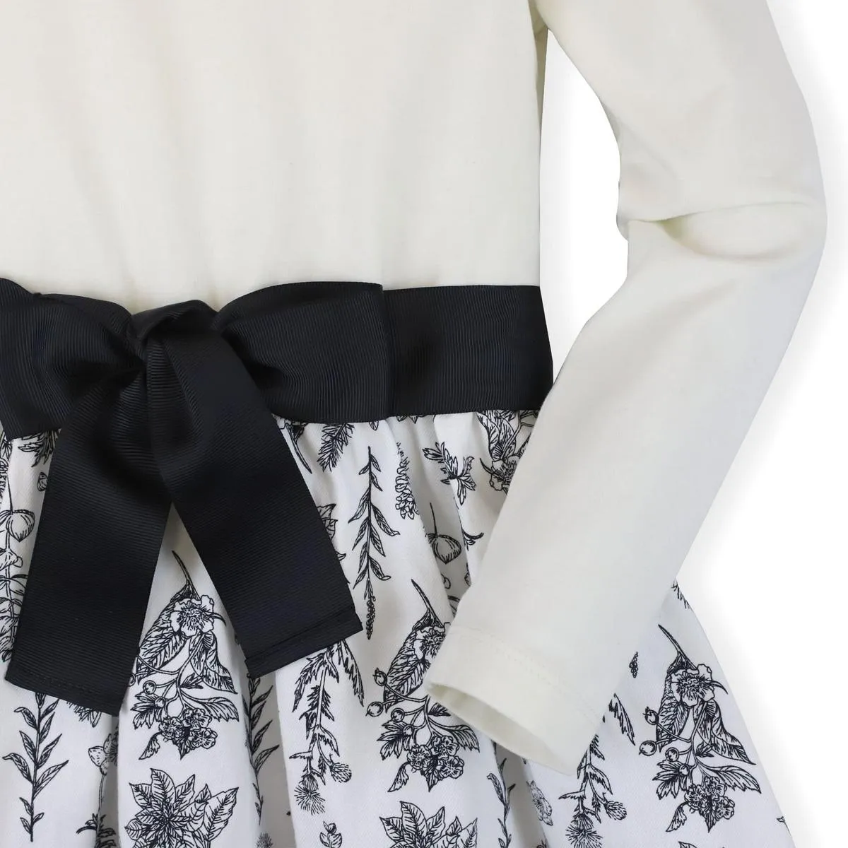 Baby Lightweight Blocked High-Low Skater Dress - Soft White with Black Winter Botanical