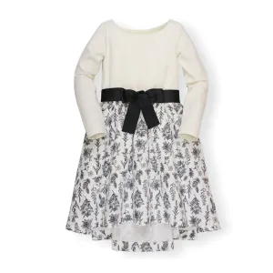 Baby Lightweight Blocked High-Low Skater Dress - Soft White with Black Winter Botanical