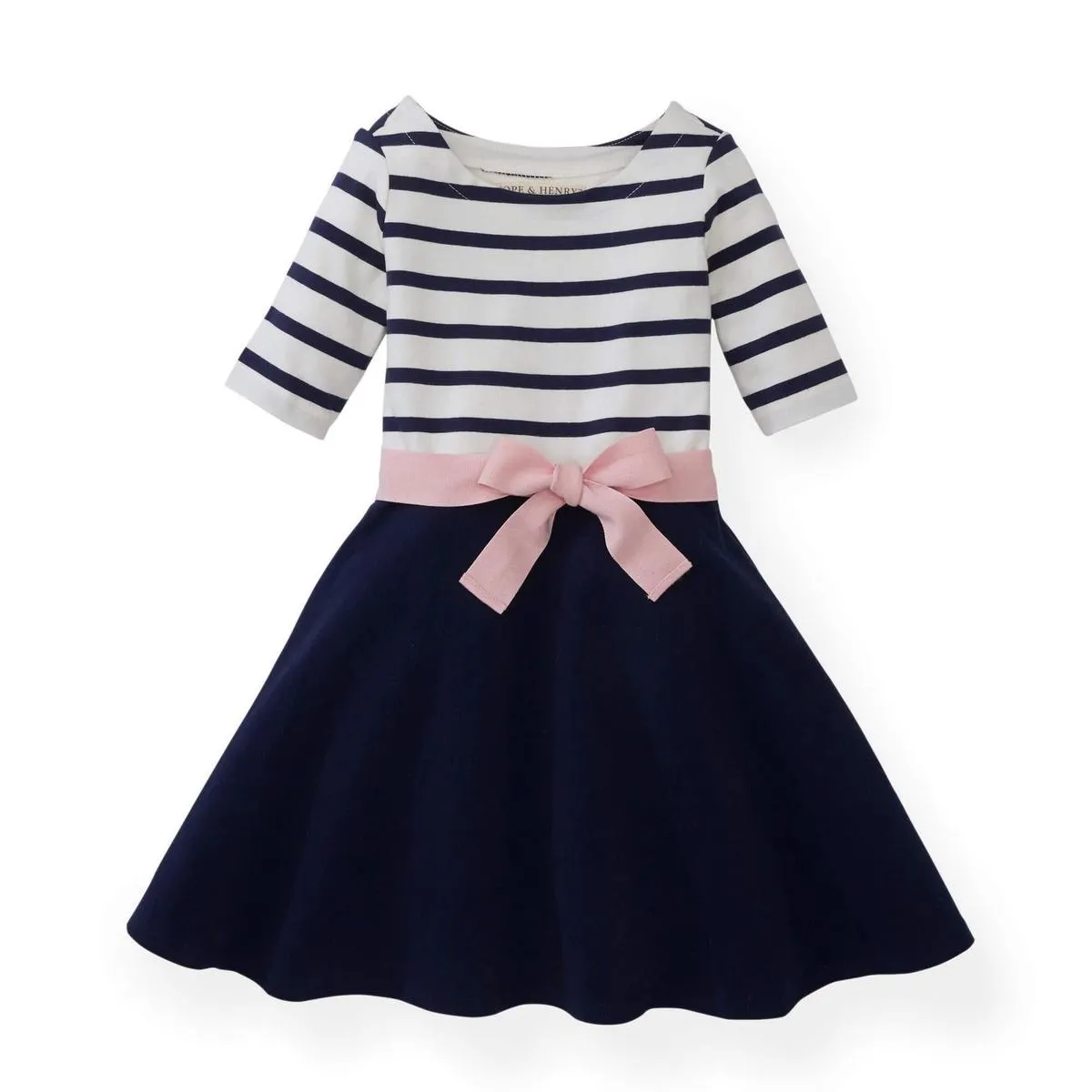 Baby Lightweight Blocked Organic Skater Dress - Navy with Light Pink Ribbon