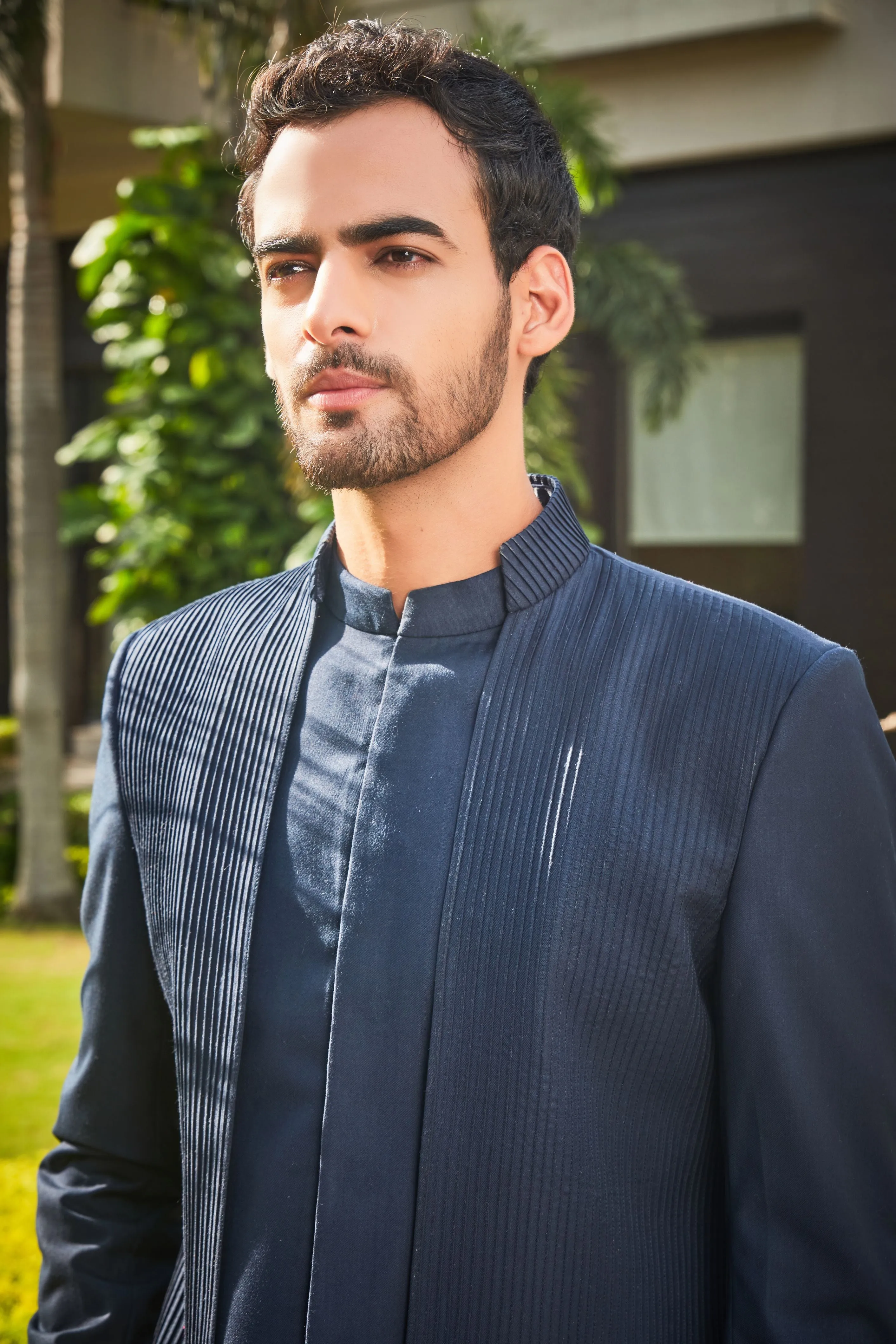 Barry- Navy Blue Pintucks Indo-western Set