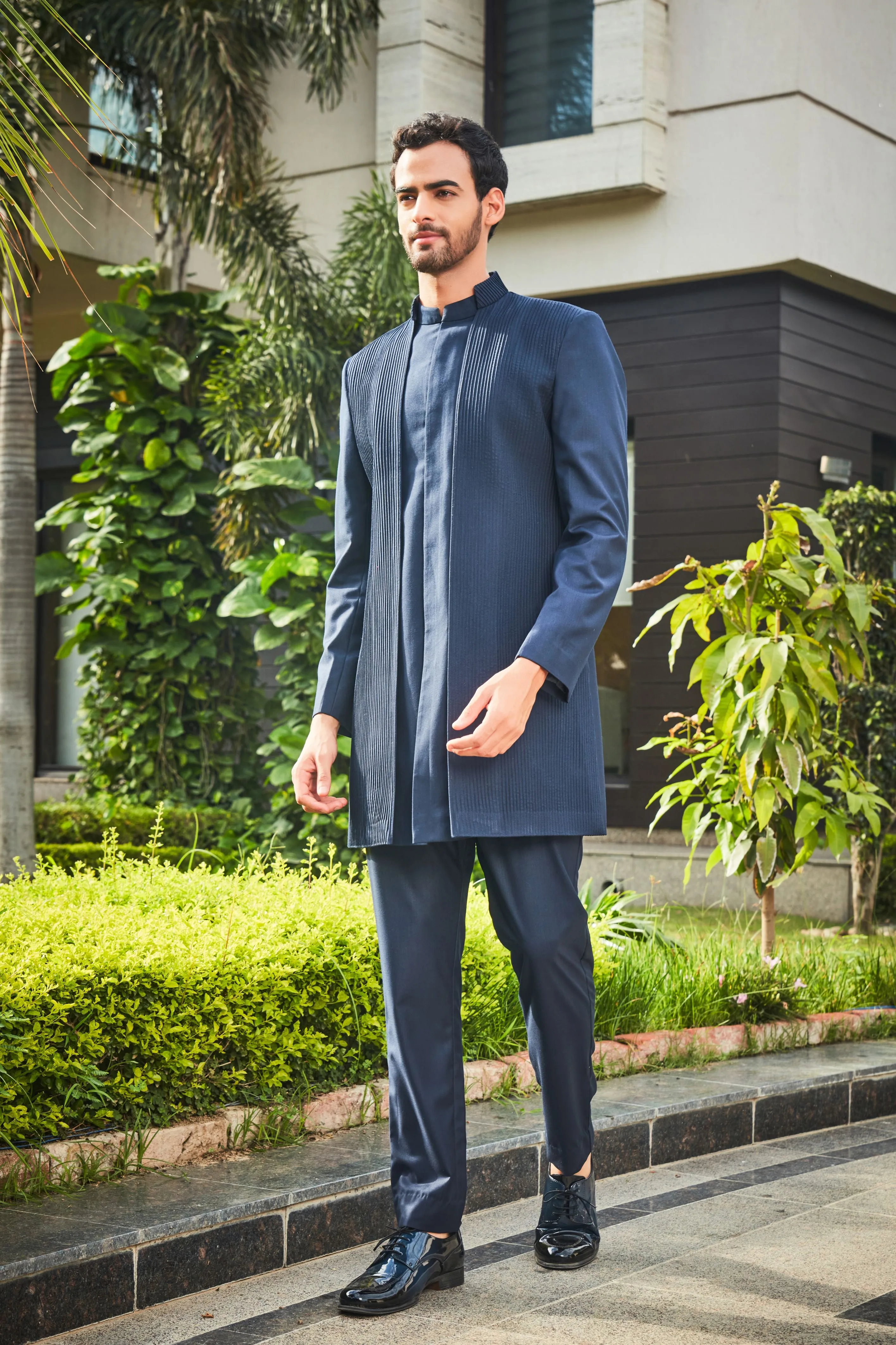 Barry- Navy Blue Pintucks Indo-western Set