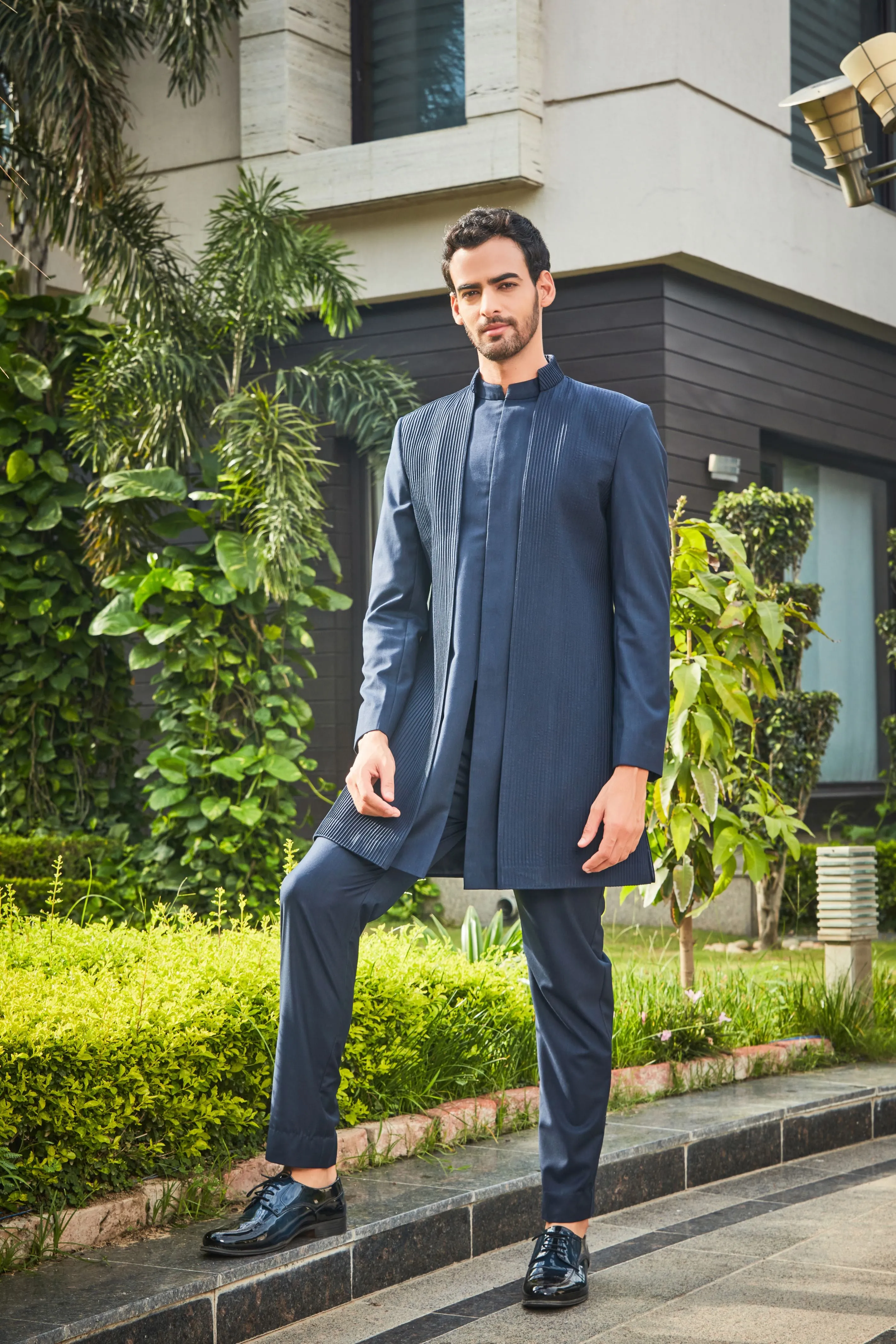 Barry- Navy Blue Pintucks Indo-western Set