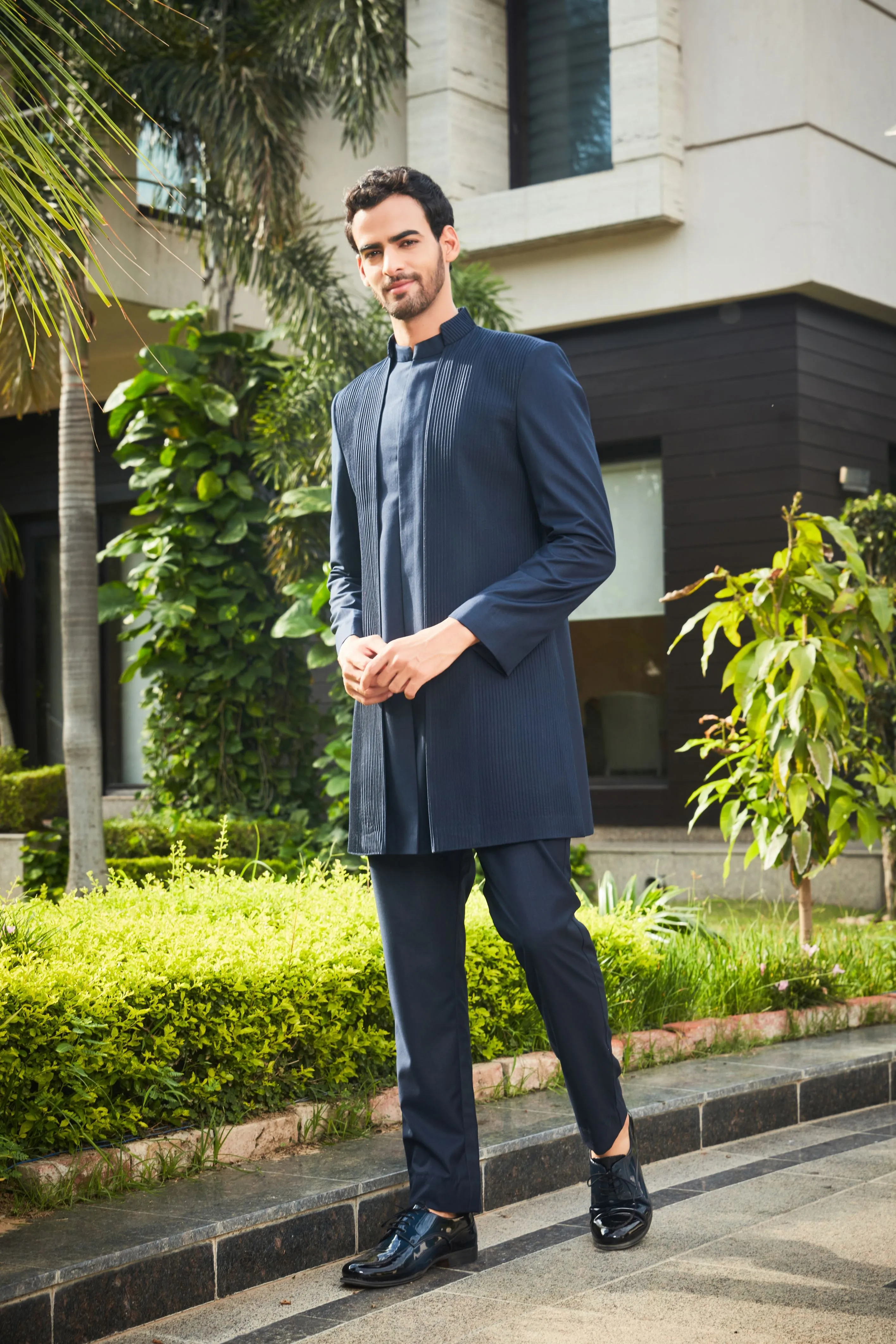 Barry- Navy Blue Pintucks Indo-western Set