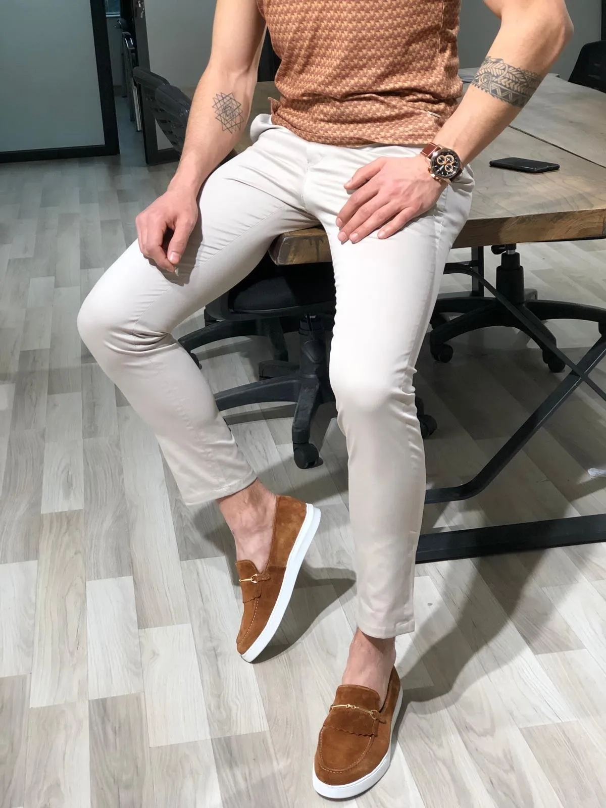 Beggi Slim-Fit Cotton Pants in Stone