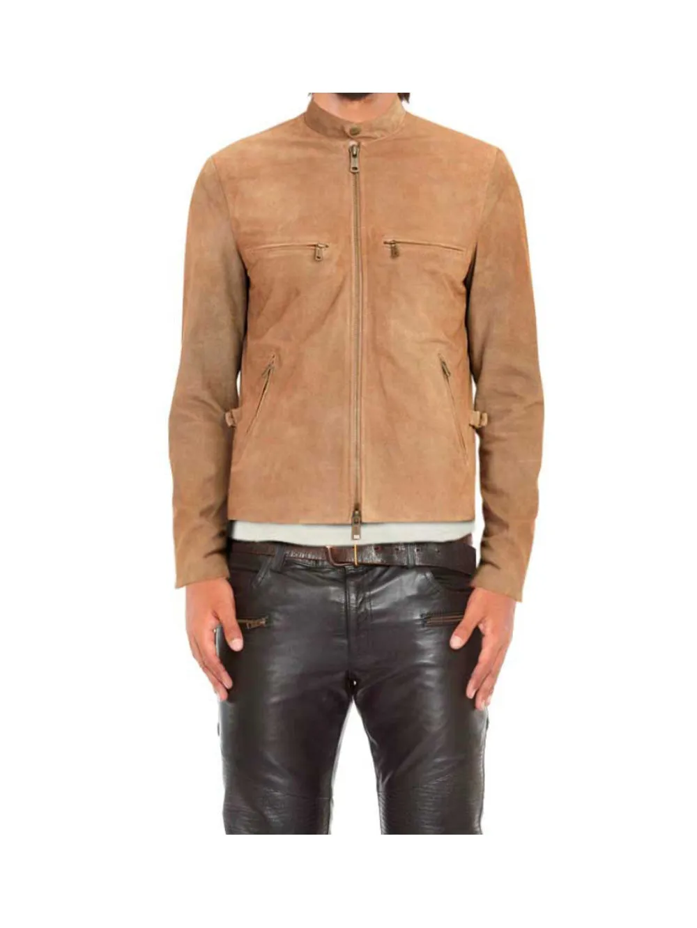 Beige Genuine Suede Leather Biker Jacket with D-Rings for Men