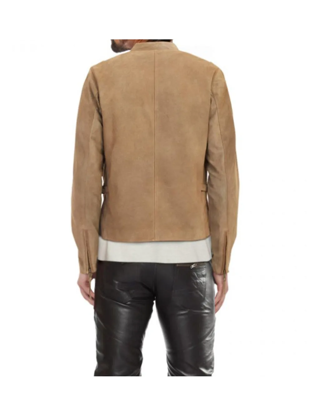 Beige Genuine Suede Leather Biker Jacket with D-Rings for Men