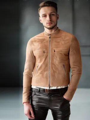 Beige Genuine Suede Leather Biker Jacket with D-Rings for Men