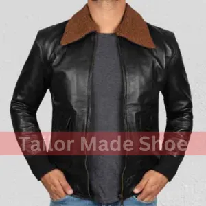 Bespoke Black Leather Bomber Jacket with Brown Fur Collars, Winter Biker Jackets