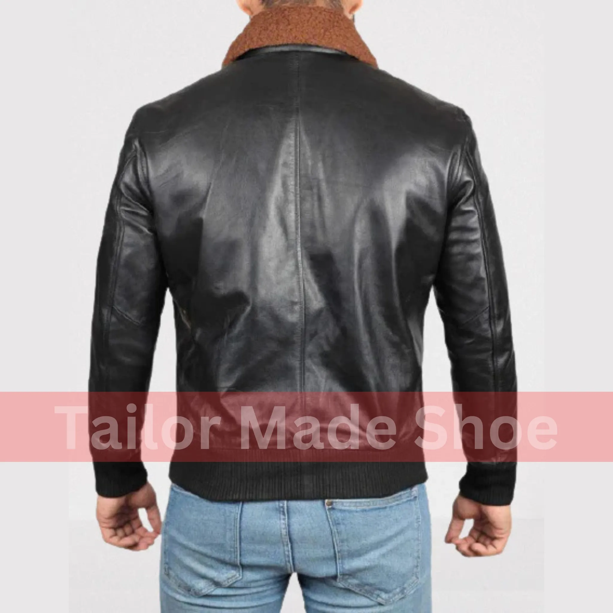 Bespoke Black Leather Bomber Jacket with Brown Fur Collars, Winter Biker Jackets