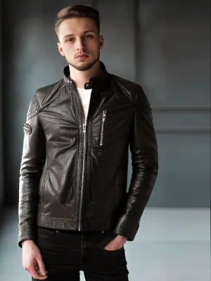 Biceps Quilted Zippered Biker Genuine Leather Jacket for Men