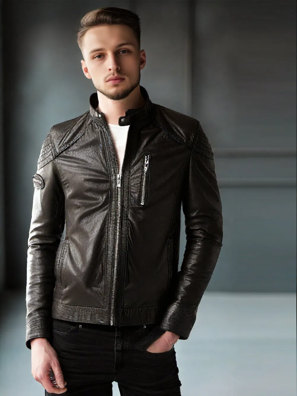 Biceps Quilted Zippered Biker Genuine Leather Jacket for Men