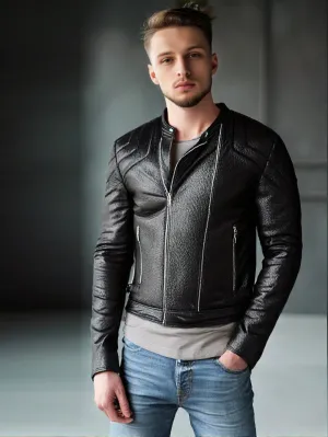 Biker Genuine Leather Jacket with Buckle Hip Tabs for Men