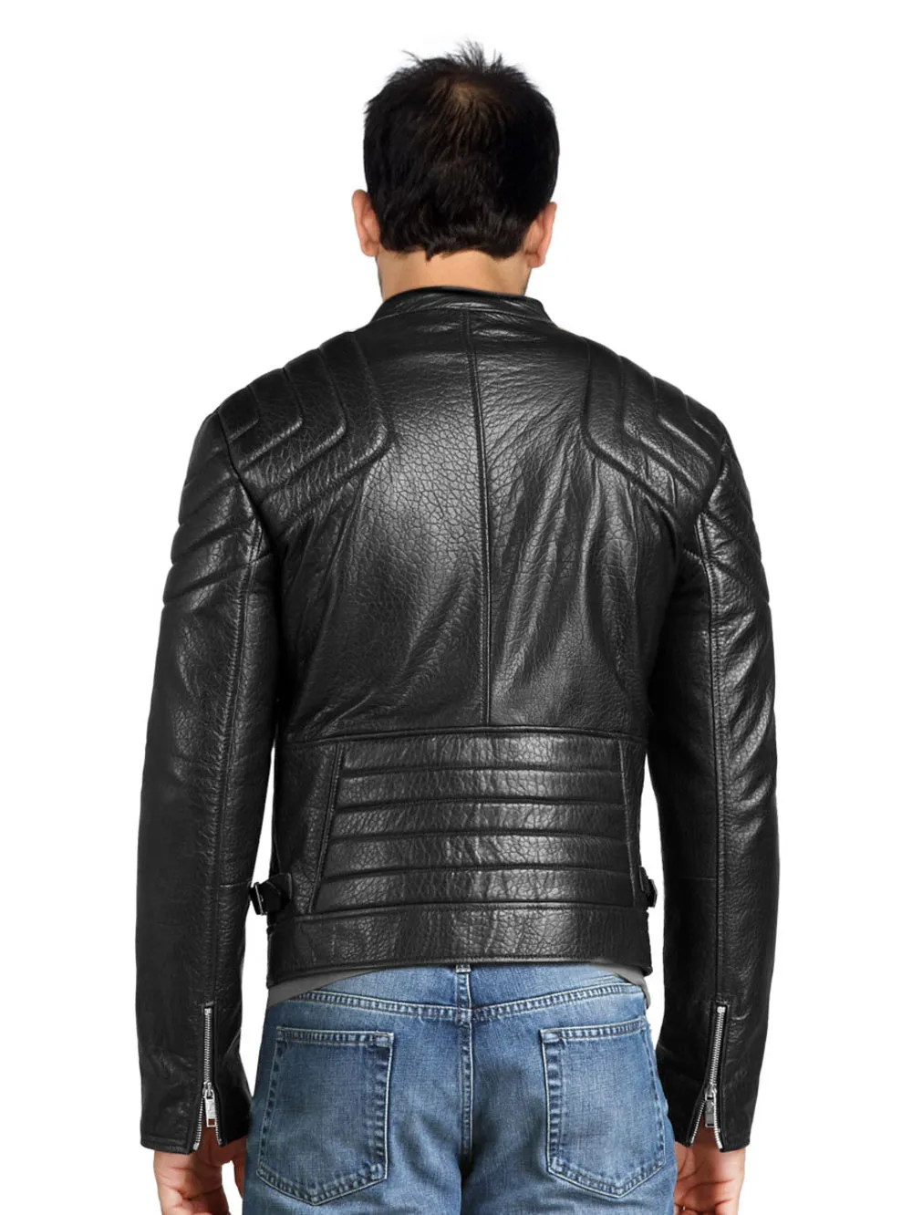 Biker Genuine Leather Jacket with Buckle Hip Tabs for Men