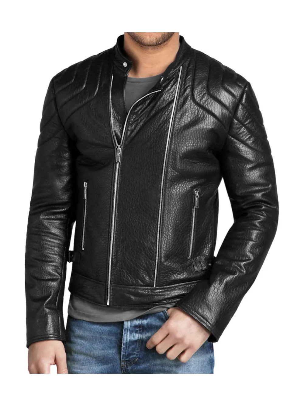 Biker Genuine Leather Jacket with Buckle Hip Tabs for Men