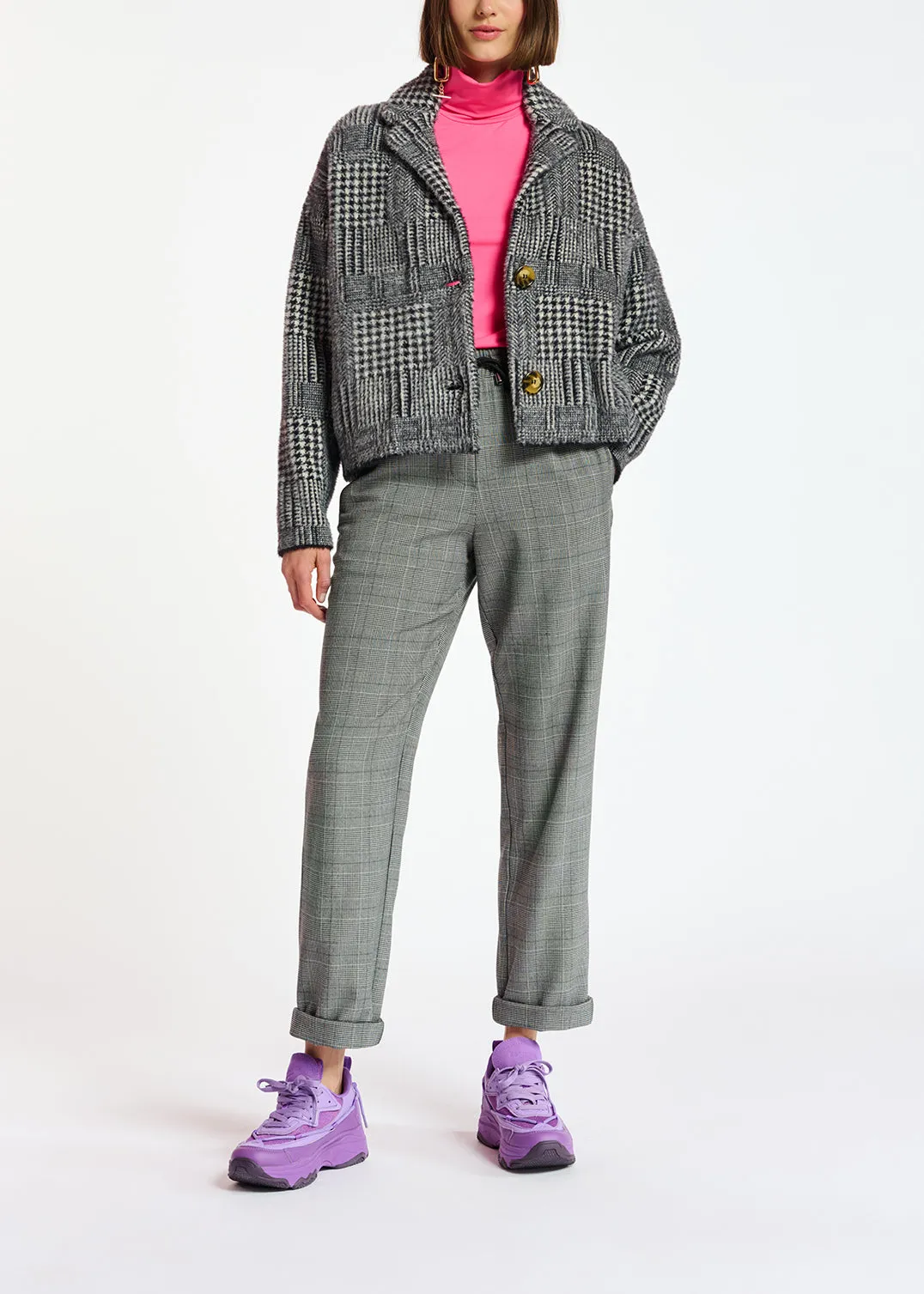 Black and off-white fuzzy knitted jacket