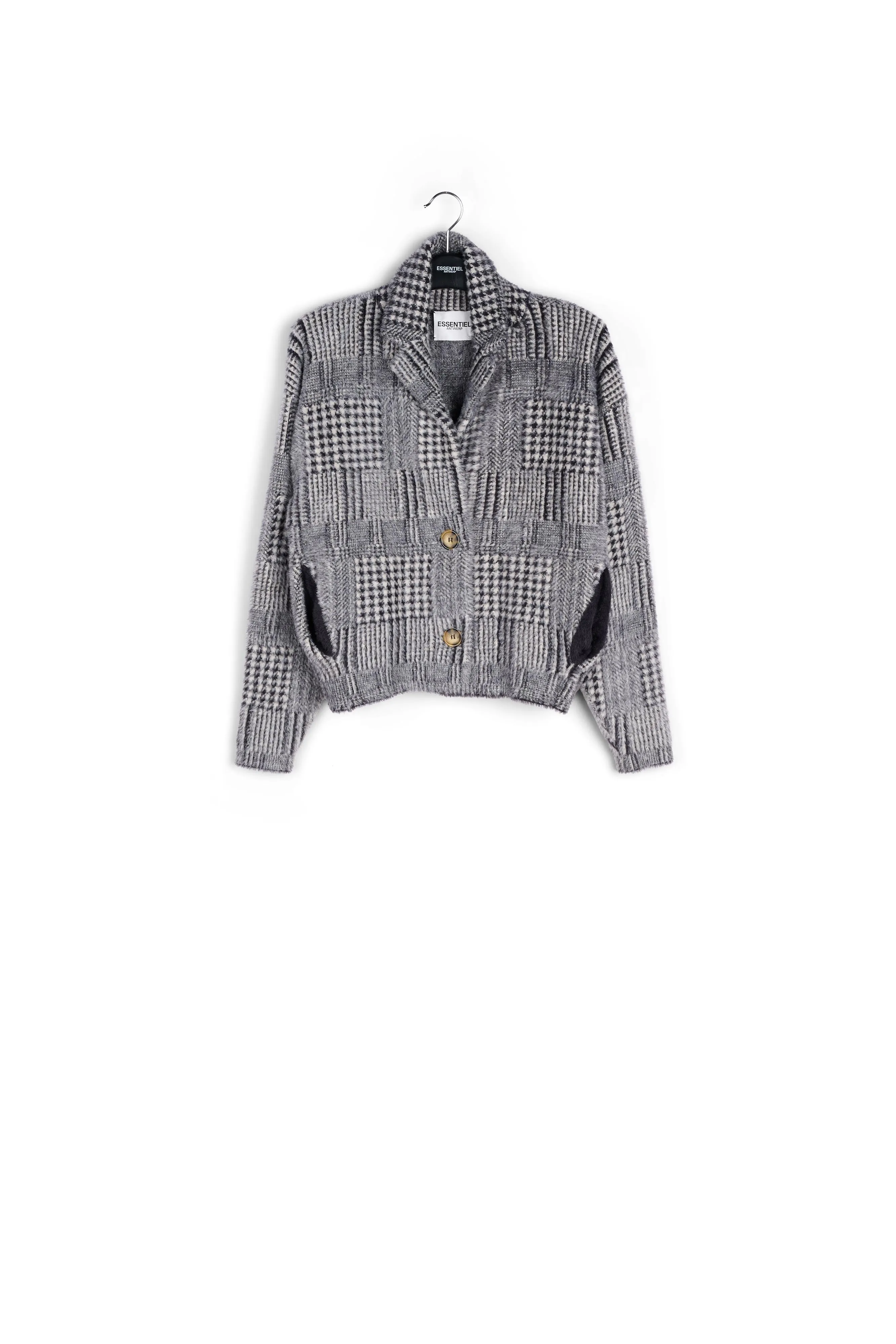 Black and off-white fuzzy knitted jacket