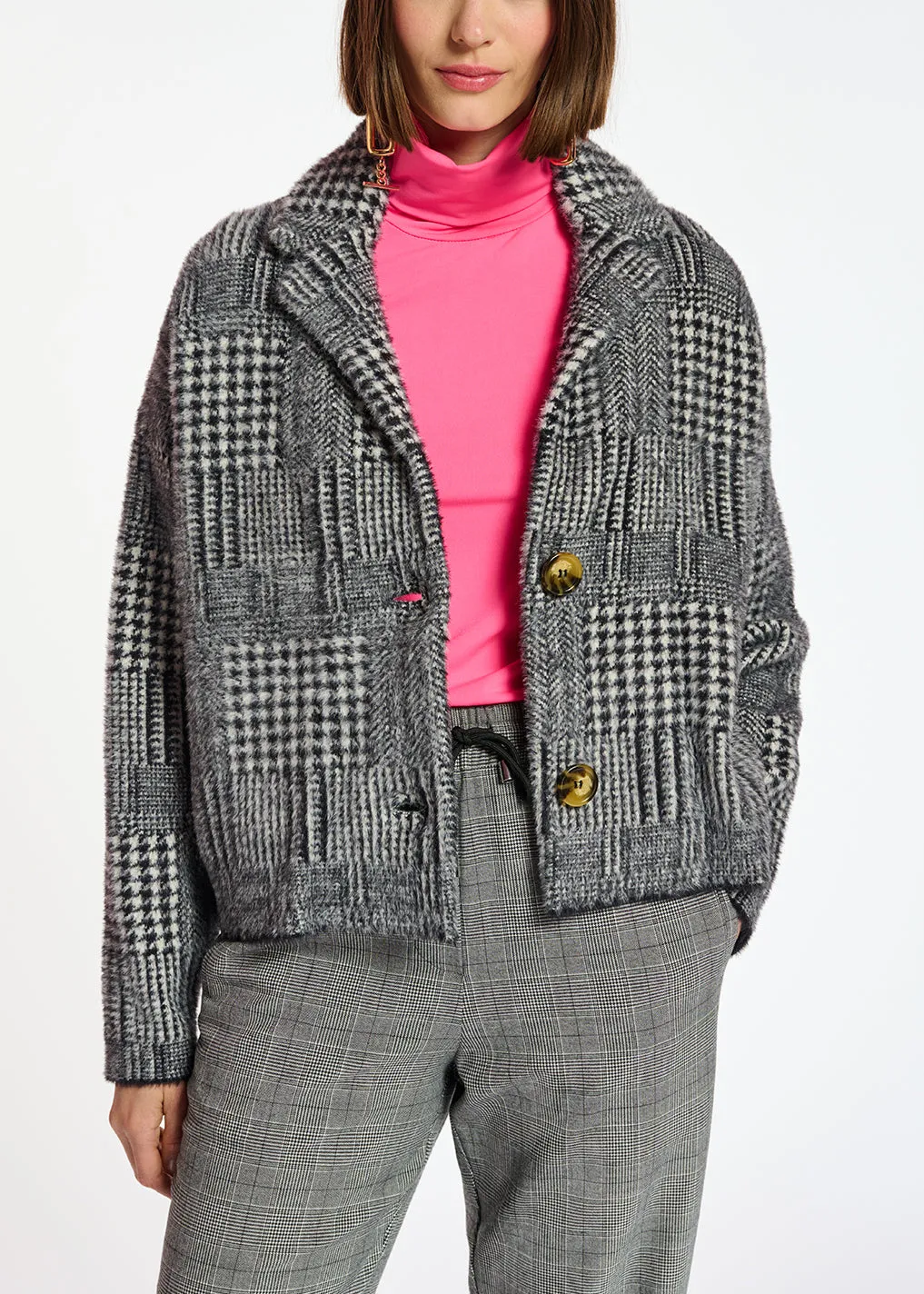 Black and off-white fuzzy knitted jacket