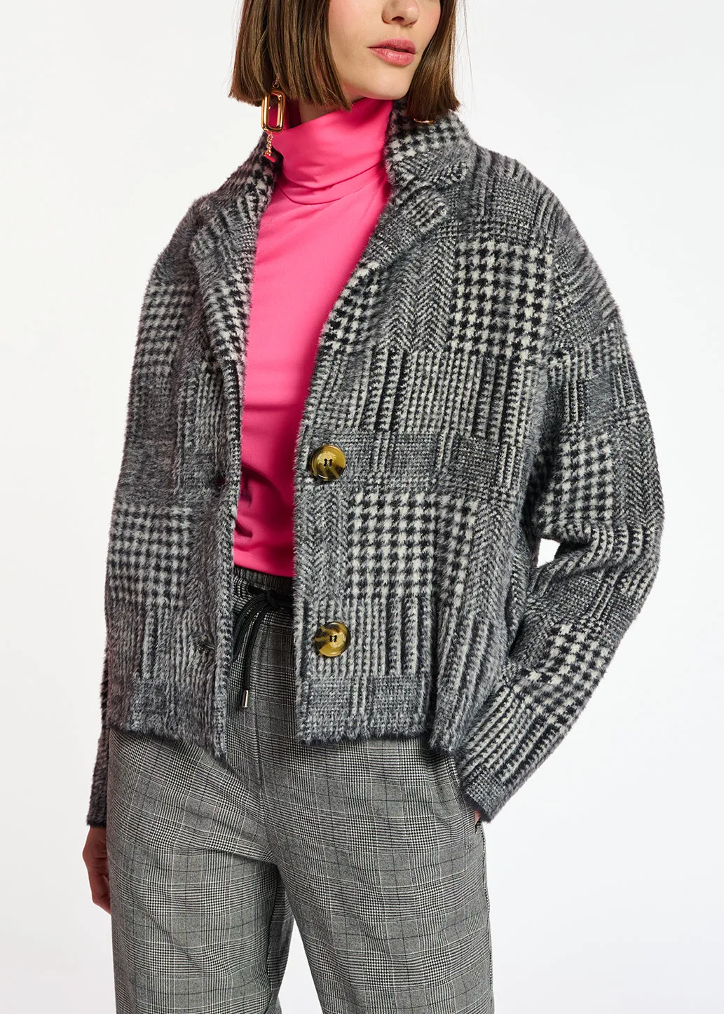 Black and off-white fuzzy knitted jacket