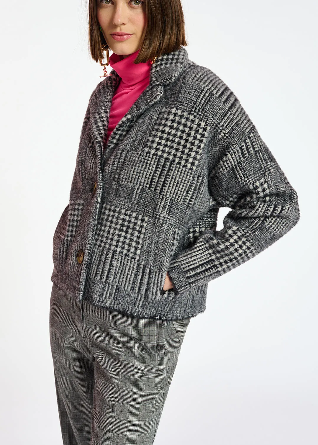 Black and off-white fuzzy knitted jacket