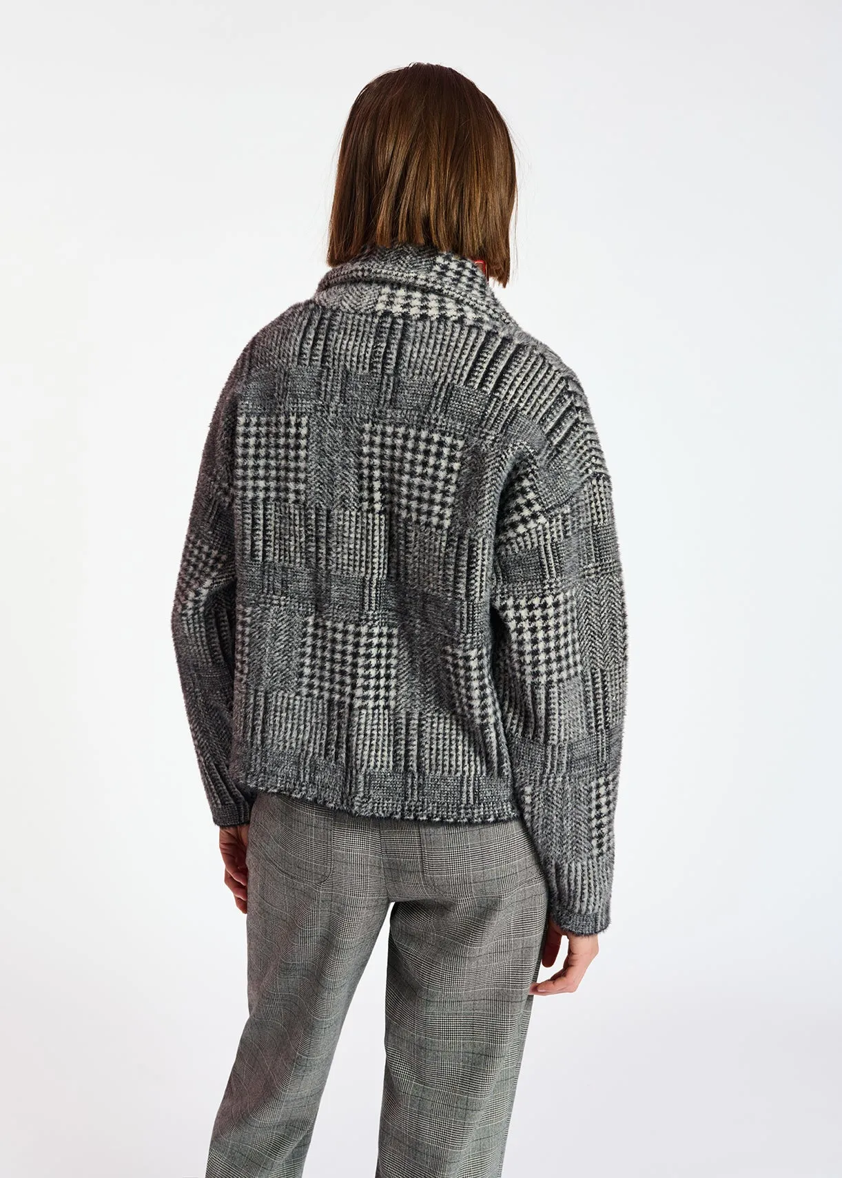 Black and off-white fuzzy knitted jacket