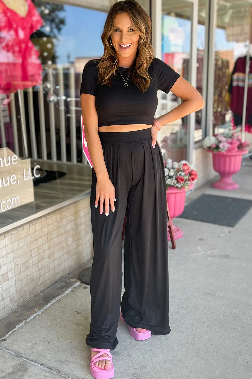 Black Solid Color Slim Fit Crop Top and Wide Leg Pants Set