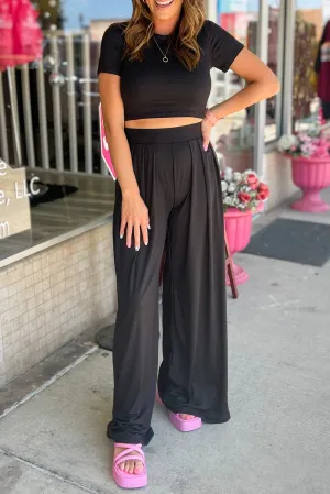 Black Solid Color Slim Fit Crop Top and Wide Leg Pants Set