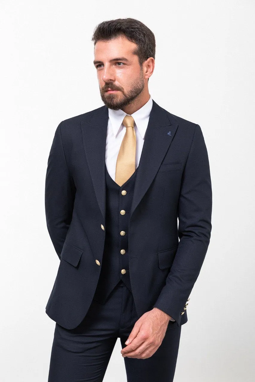 Brabion Marco Navy Blue Slim Fit Peak Lapel 3 Piece Suit
