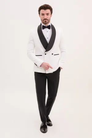 Brabion Rocco White Slim Fit Double Breasted Striped Tuxedo
