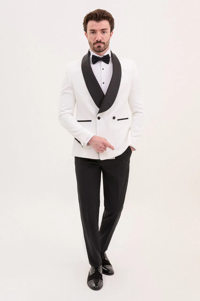 Brabion Rocco White Slim Fit Double Breasted Striped Tuxedo