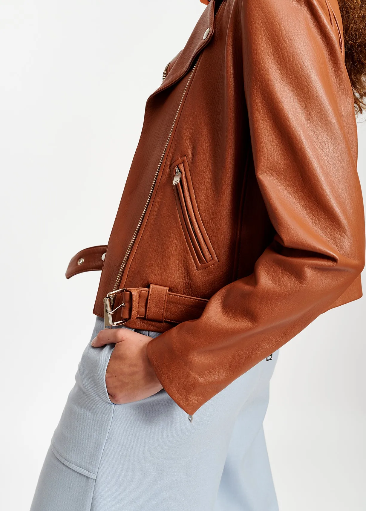 Brown leather biker jacket