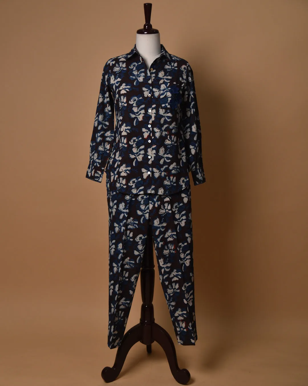Brown With Blue Pure Cotton Ready-To-Wear Hand Block Printed Co-ord Set