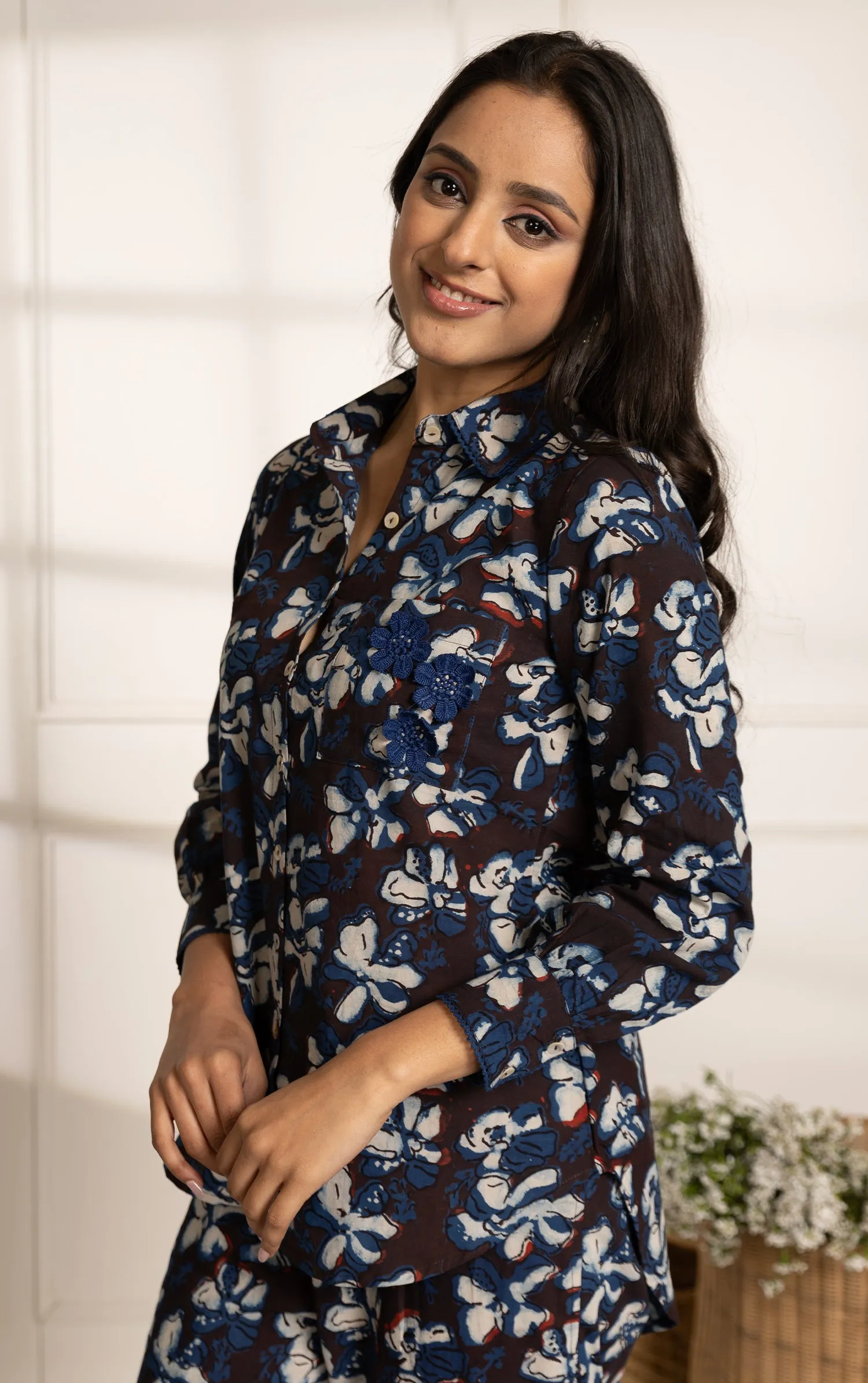 Brown With Blue Pure Cotton Ready-To-Wear Hand Block Printed Co-ord Set