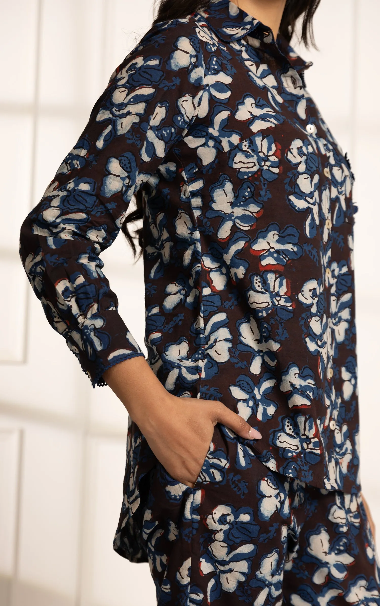 Brown With Blue Pure Cotton Ready-To-Wear Hand Block Printed Co-ord Set