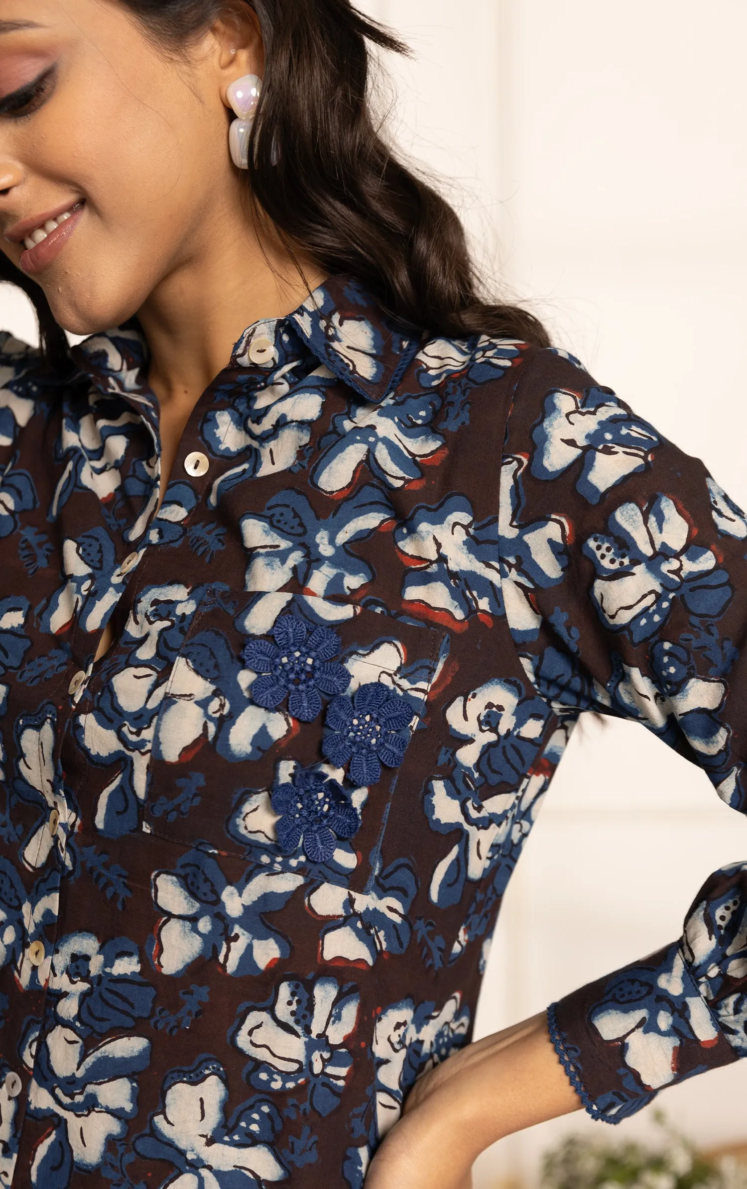Brown With Blue Pure Cotton Ready-To-Wear Hand Block Printed Co-ord Set