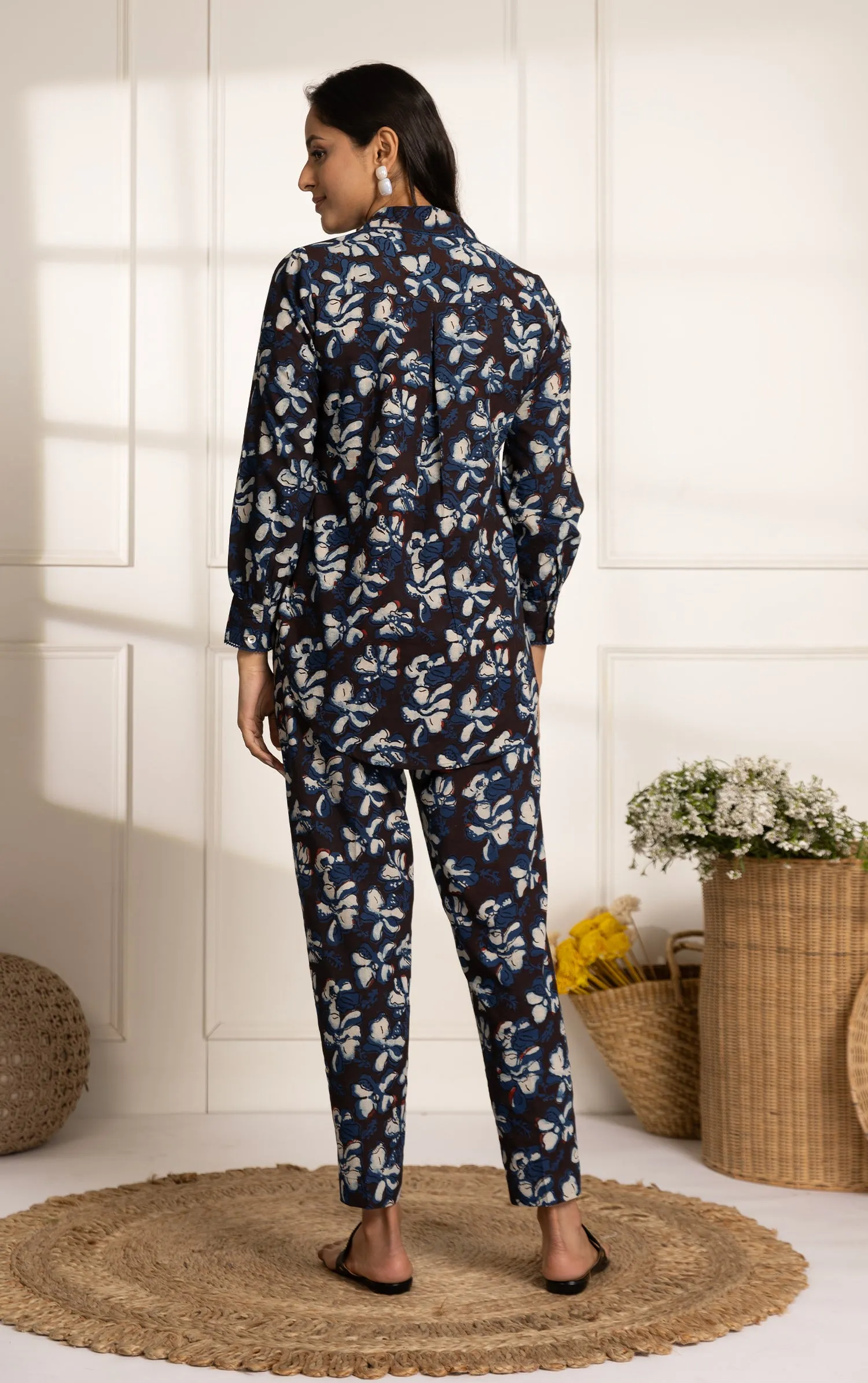 Brown With Blue Pure Cotton Ready-To-Wear Hand Block Printed Co-ord Set