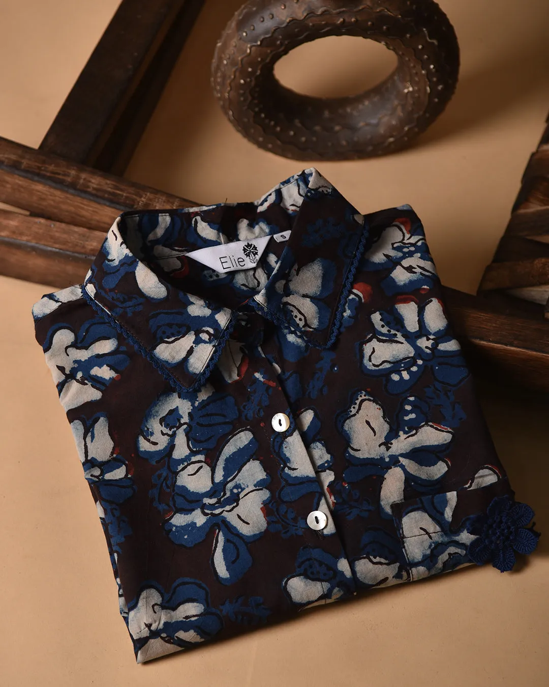 Brown With Blue Pure Cotton Ready-To-Wear Hand Block Printed Co-ord Set