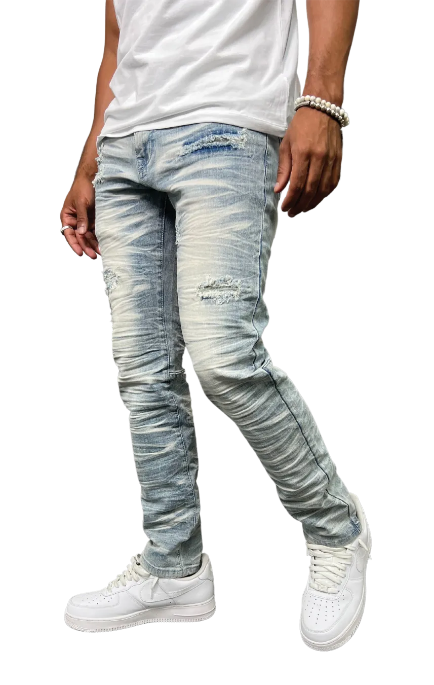 BT-BTP23097X-B&T Slashed Wash Slim Fit Denim Pants
