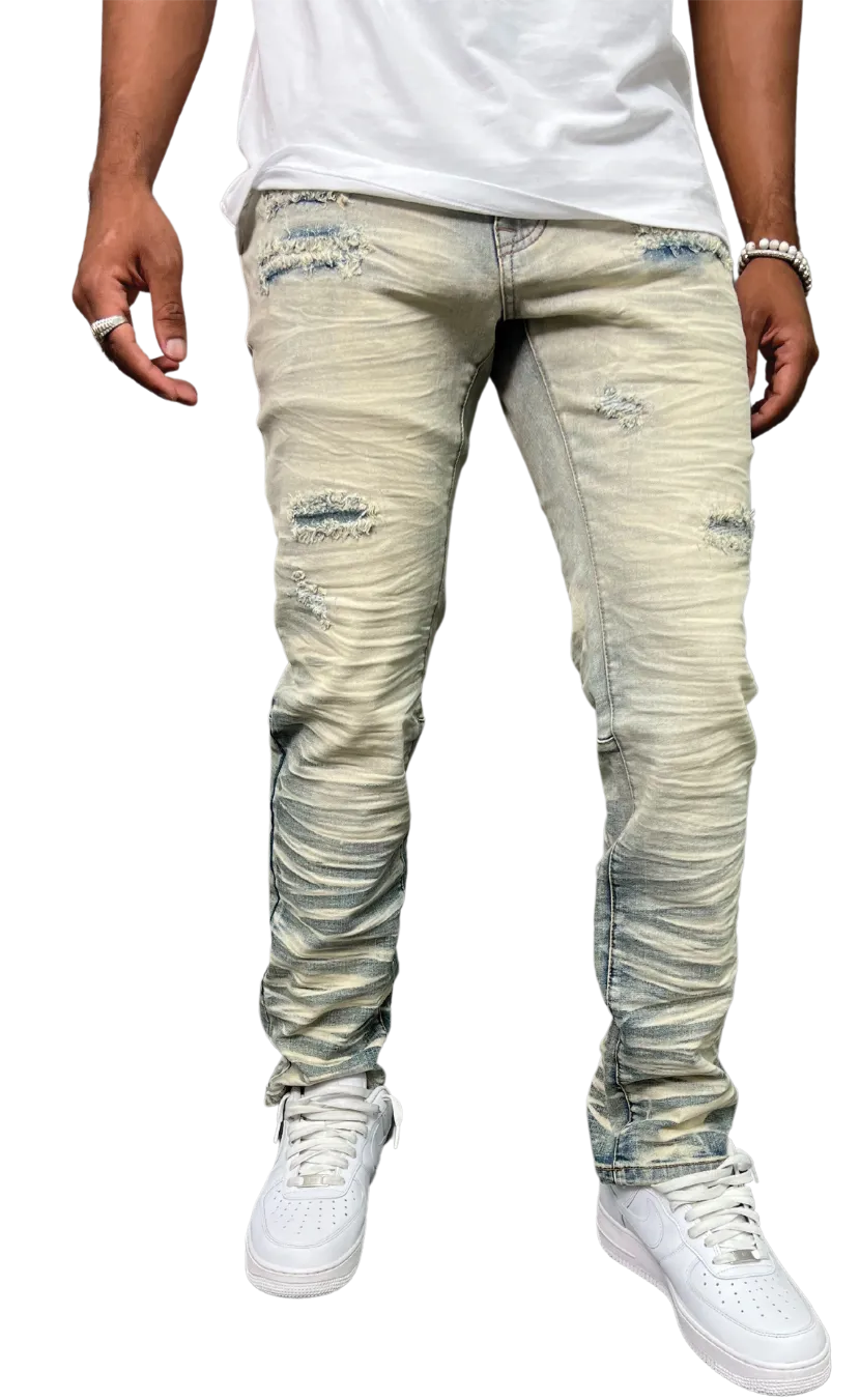 BT-BTP23097X-B&T Slashed Wash Slim Fit Denim Pants