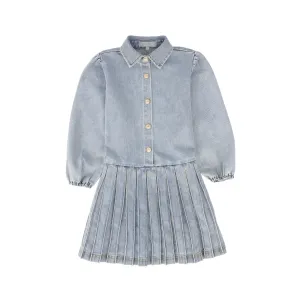 Button down pleated blue denim dress by Bace