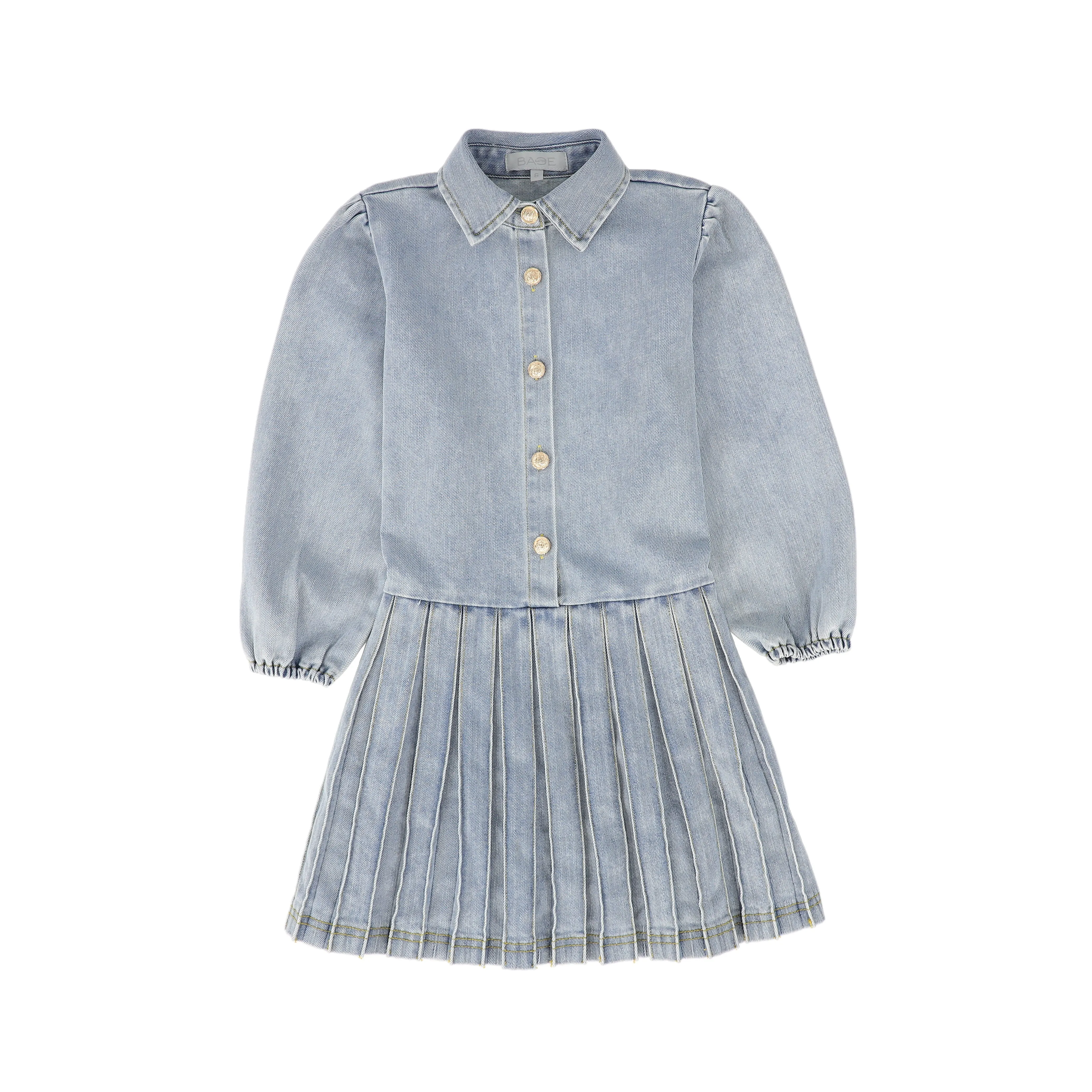 Button down pleated blue denim dress by Bace
