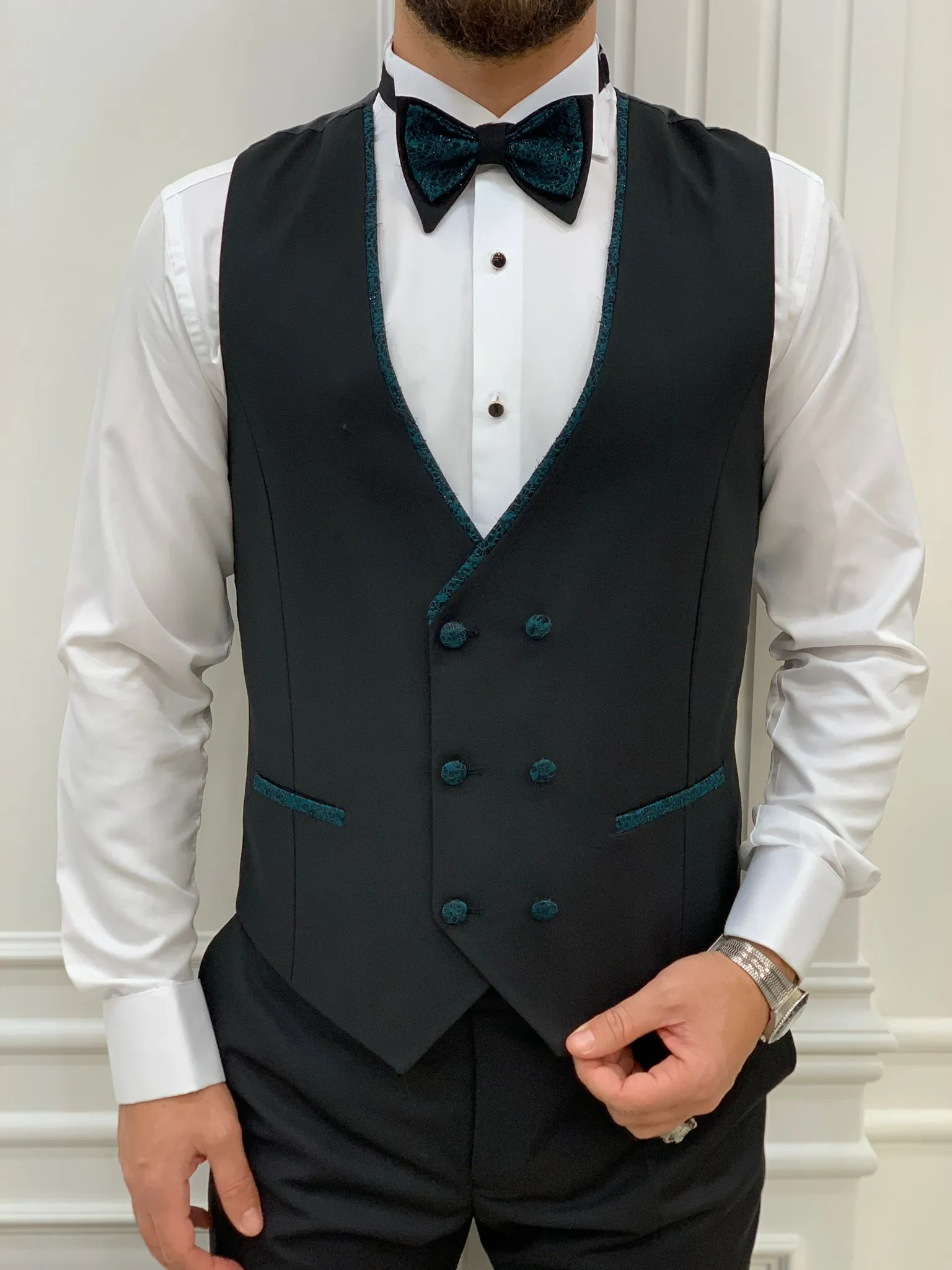 Caesar Green Slim Fit Peak Lapel Floral Patterned Tuxedo
