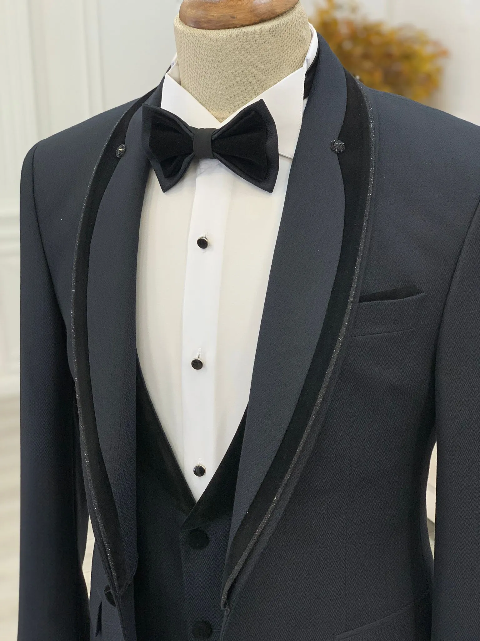 Caesar Navy Blue Slim Fit Velvet Shawl Button Lapel Tuxedo