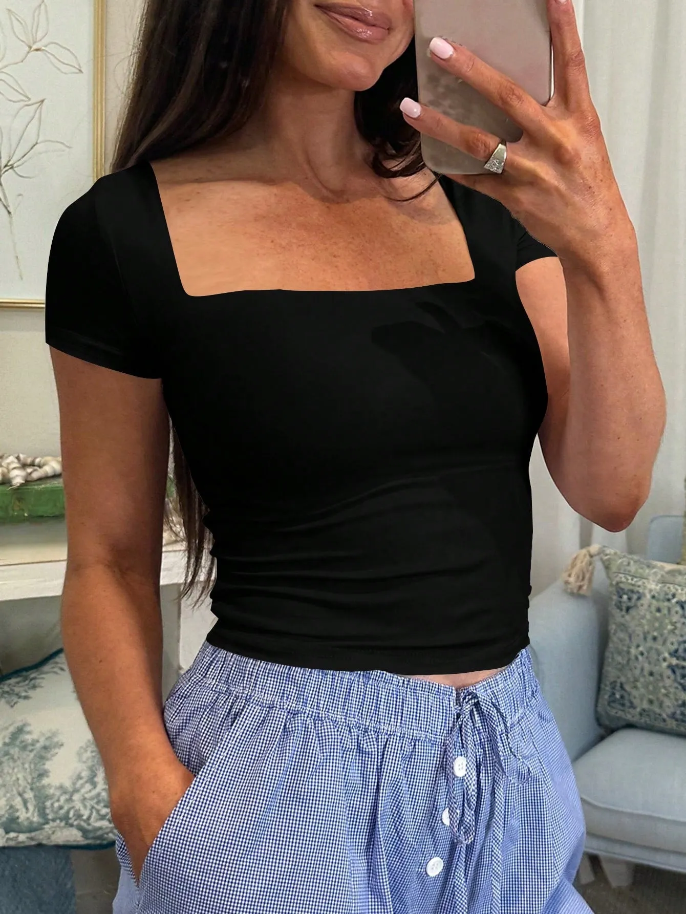 Camiseta Y2K de Cuello Cuadrado para Mujer