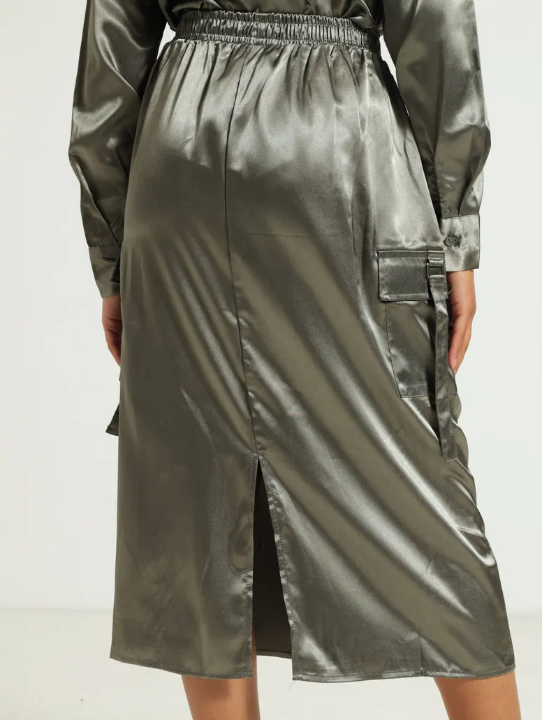 Cargo Detail Satin Skirt - Gunmetal