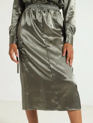 Cargo Detail Satin Skirt - Gunmetal