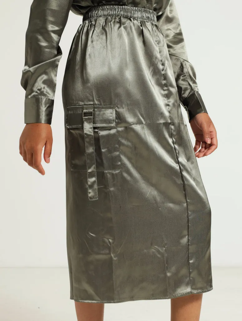Cargo Detail Satin Skirt - Gunmetal