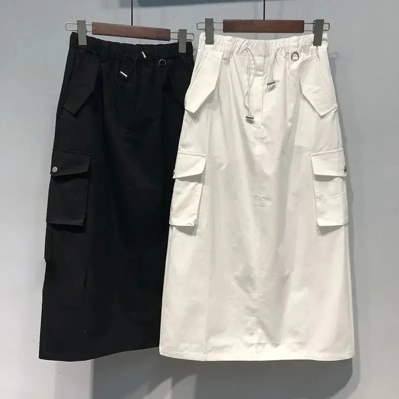 Cargo Skirts for Women Y2k Long Skirts Elastic Waist Spring Summer Drawstring Girls Full Length Skirt